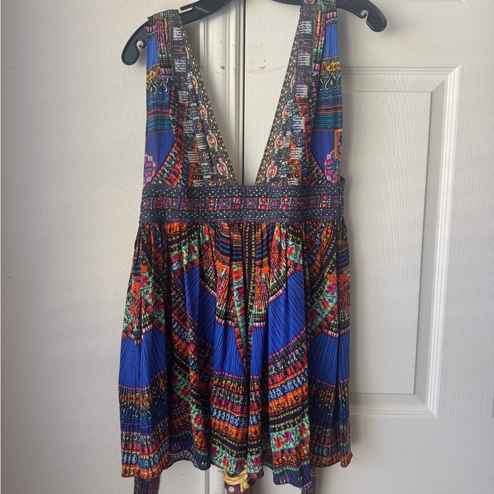 Camilla Silk Blue and Orange V-Neck Mini Dress